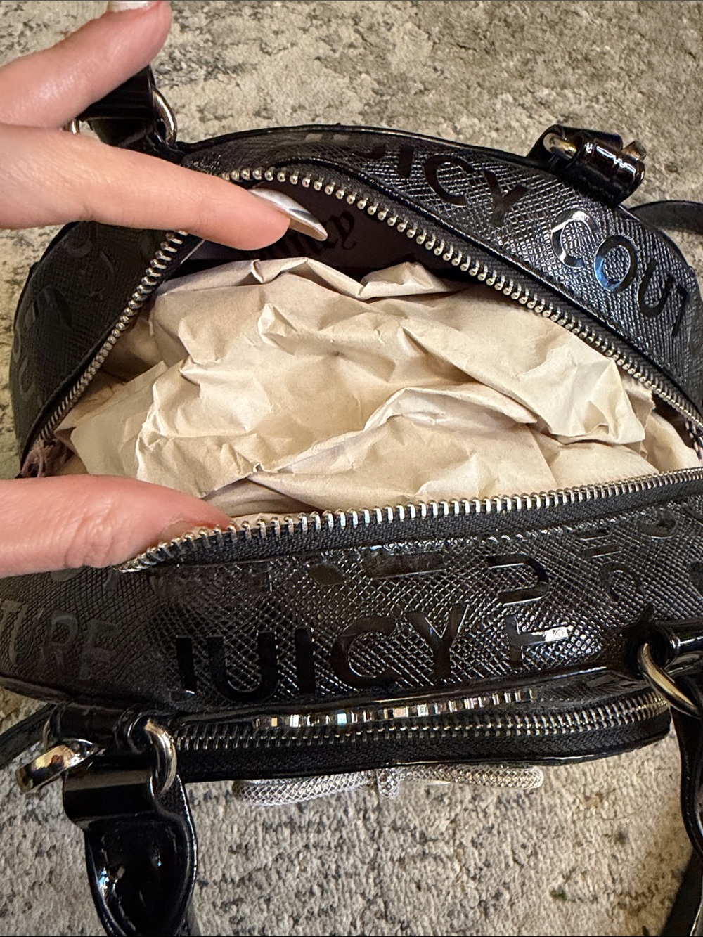 Juicy Couture Black Patent Satchel with Silver Bow Accent - Picture 5 of 6